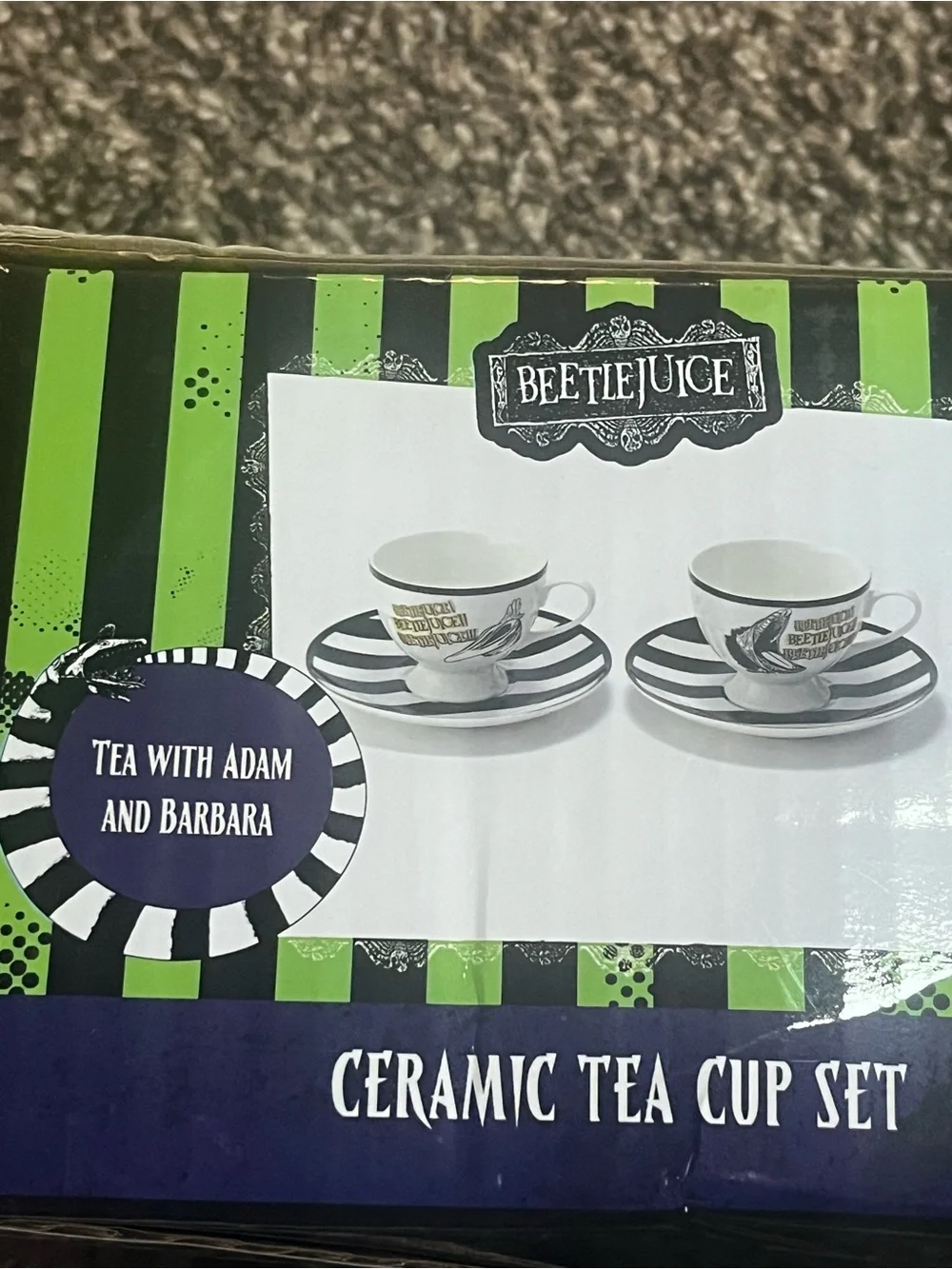 Beetlejuice Black & White Striped Teacup and Saucer Set. New. Halloween.